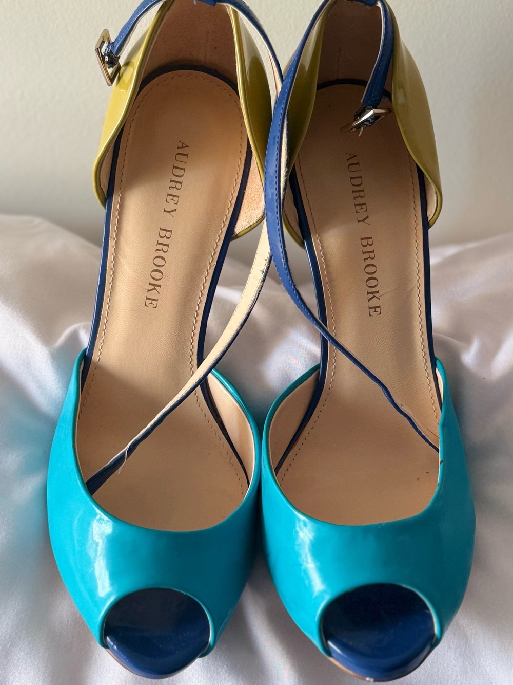 Audrey Brooke Turquoise, Yellow & Navy Patent Peep-Toe Heels